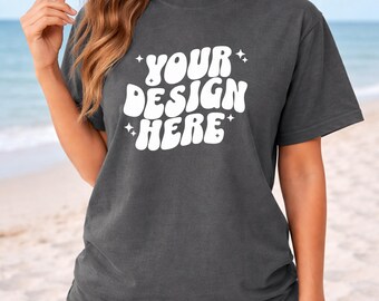 Pepper CC1717 Beach Mockup | Comfort Colors T-Shirt Mockup | Woman Model Mockup | C1717 Shirt Beachy Mockup | CC Oversized Summer Mock