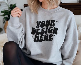 Gildan 18000 Sport Gray Mockup, Boho Mockup, 18000 Mockup Dark Heather, Gildan 1800 Female Mockup, Modern Sweatshirt Mockup Sport Gray