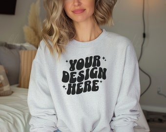 Gildan 18000 Ash Mockup,Boho Mockup,18000 Mockup Ash,Gildan 1800 Female Mockup,Modern Sweatshirt Mockup,Gildan 18000 Ash Crewneck Sweatshirt
