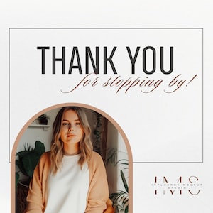 May include: Thank you for stopping by! A woman with long blonde hair is wearing a white t-shirt and a peach-colored cardigan. She is standing in front of a window with plants in the background. The text "IMS Influence Mockup Studio" is in the bottom right corner of the image.