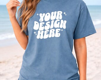 Blue Jean CC1717 Beach Mockup | Comfort Colors T-Shirt Mockup | Woman Model Mockup | C1717 Shirt Beachy Mockup | CC Oversized Summer Mock