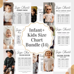 Kinder Größentabelle Mockup Bundle, 18500B Größentabelle, Bella Canvas 3001Y, Bella Canvas 3001t, Baby und Kleinkind Kinder Größentabelle, Jugend Größentabelle