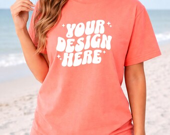 Bright Salmon CC1717 Beach Mockup | Comfort Colors T-Shirt Mockup | Woman Model Mockup | C1717 Shirt Beachy Mockup |CC Oversized Summer Mock