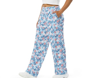 Patriotic Wide-leg Pants Red White and Blue Leopard Print Pants for Women
