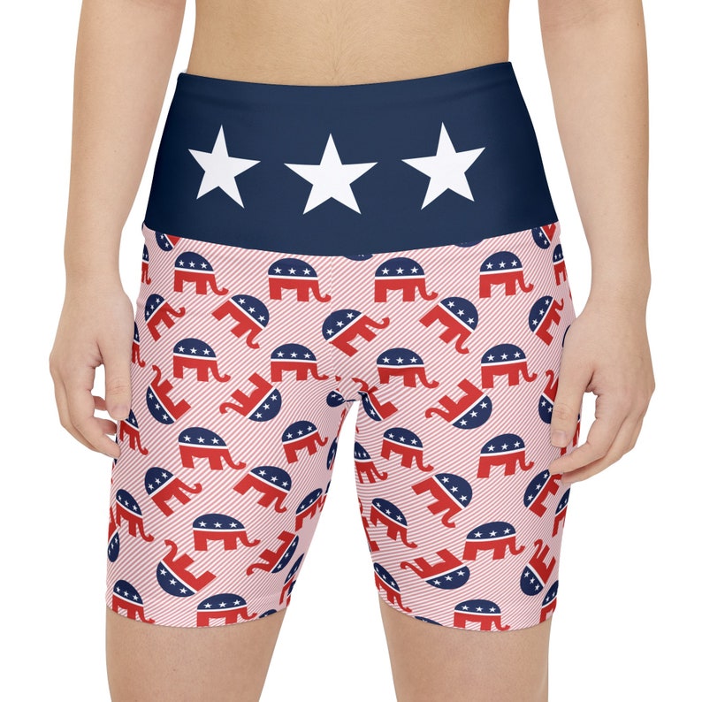 Republican Women's Workout Shorts All-Over Print Red White and Blue GOP Elephant Pattern Leggings Yoga Biker Shorts