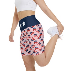 Republican Women's Workout Shorts All-Over Print Red White and Blue GOP Elephant Pattern Leggings Yoga Biker Shorts