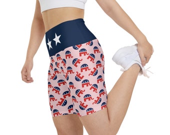 Republican Women's Workout Shorts All-Over Print Red White and Blue GOP Elephant Pattern Leggings