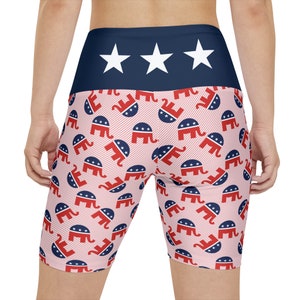 Republican Women's Workout Shorts All-Over Print Red White and Blue GOP Elephant Pattern Leggings Yoga Biker Shorts