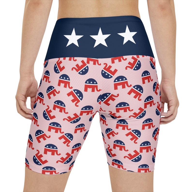 Republican Women's Workout Shorts All-Over Print Red White and Blue GOP Elephant Pattern Leggings Yoga Biker Shorts