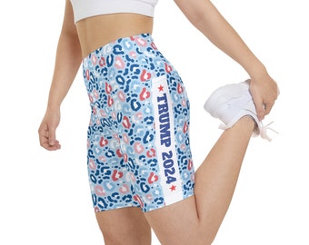 Trump 2024 Workout Shorts for Women Red White and Blue Leopard Print MAGA Republican Yoga Shorts