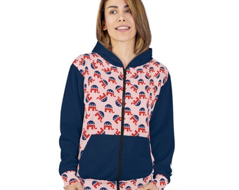 Republican Zip Hoodie Unisex Red White and Blue GOP Elephant Print Zipper Hooded Pullover