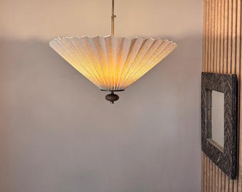 Pleated Linen Chandelier, Rustic Wood & Brass, Handmade