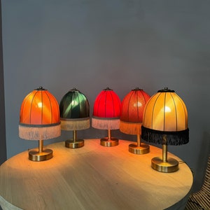 Handmade bedside lamp, mini tassel lampshade, satin fabric table lamp