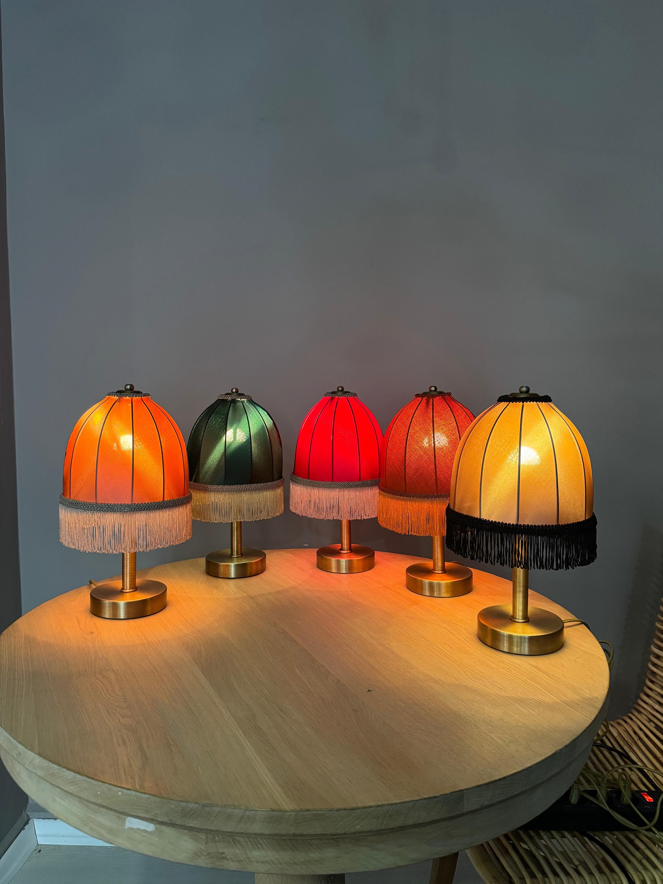 Handmade bedside lamp, mini tassel lampshade, satin fabric table lamp