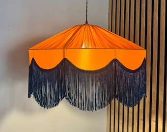 Silk satin fabric and fringed chandelier, lampshade, vintage chandelier, tassel chandelier