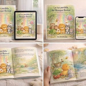 May include: A children's book titled "La luz perdida del Bosque Boreal" is displayed in multiple formats: a hardcover book, a tablet, and a smartphone. The cover features a colorful illustration of various animals. The book is open in two images, revealing interior illustrations.