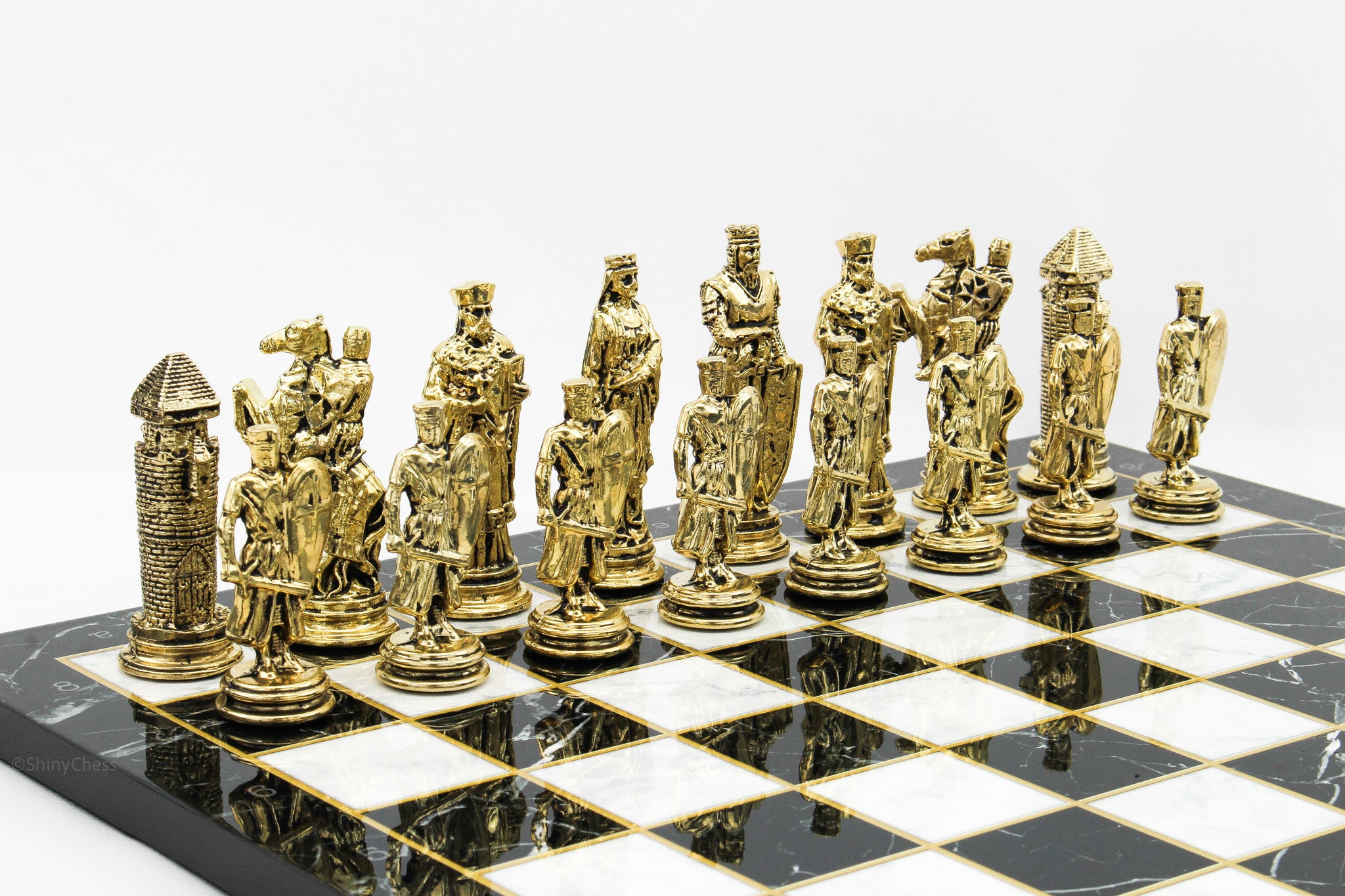 Marble chess set in black with handmade Byzantine Ottoman metal figures & handmade velvet fabric bags