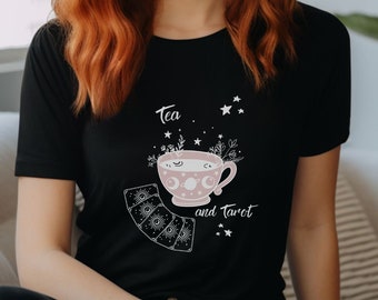 Tea and Tarot Jersey Short Sleeve Tee shirt for her black t shirt tarot card shirt mystical shirt witchy shirt halloween t shirt cosmic tee