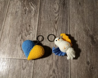 Ukraine handmade dove of peace and heart keychain knitted Ukrainian souvenirs colors blue yellow