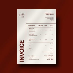 Może przedstawiać: Profesjonalny szablon faktury z białym tłem i ciemnoczerwoną obwódką. Faktura zawiera sekcje dotyczące opisu, godzin/ilości, stawki i sumy. Logo Daily Studio znajduje się w lewym górnym rogu.