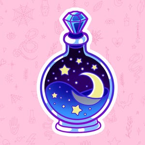 May include: A sticker featuring a round, blue potion bottle with a diamond-shaped stopper. The bottle contains a night sky scene with a crescent moon, stars, and a dark blue liquid. The background is pink with various mystical illustrations.