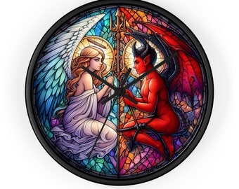 Horloge murale ronde Ange et Diable / Horloge cadre en bois / Horloge murale fantaisie