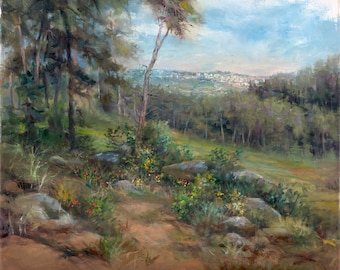Impresión Giclée de alta calidad de mi pintura al óleo realista original, arte judío, judaica, vistas de Israel - Vista desde Meron a Tzefat, Israel
