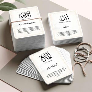 Tarjetas de memoria imprimibles de Esmaul Husna: 99 nombres de Alá con caligrafía árabe, significado y dua. Descarga digital (tamaños A4 y carta EE. UU.).
