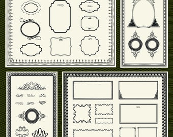 May include: A set of 16 black and white vintage style frames with ornate designs. The frames are arranged in three groups on a green background.