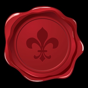 May include: A red wax seal with a fleur-de-lis design.