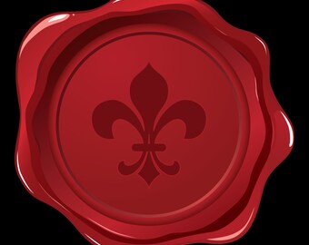 Może przedstawiać: Czerwona pieczęć woskowa z wzorem lilii.
