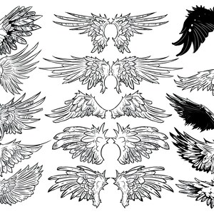 May include: A set of 12 black and white angel wing illustrations. The wings are drawn in a variety of styles, some with feathers and some with a more stylised look. The wings are perfect for use in digital art, scrapbooking, or other creative projects.