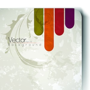 May include: An abstract background with a grunge texture and a floral design. The background is white with a light grey overlay. There are five vertical stripes in the top right corner of the image. The stripes are green, orange, red, red, and purple. The text "Vector Eps 10 Background" is in the bottom left corner of the image.