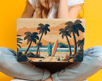 May include: A laptop computer with a colourful illustration of palm trees and surfboards on the beach. The laptop is open and sitting on the lap of a person wearing blue jeans.