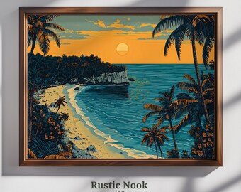 Tropical Sunset Beach, Coastal Wall Art, Ocean View Print, Palm Tree Seascape, Digital Download Printable Art