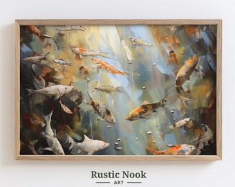 Koi Fish Underwater Oil Painting, Vibrant Aquatic Wall Art, Japanese Zen Decor (Digital Download)