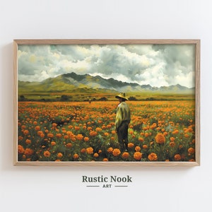 以下が含まれることがあります： オレンジの花が咲く野原に立つ、一人の人物を描いた絵画。人物は帽子と長袖のシャツを着ている。野原は遠くの山々に囲まれている。空は曇っている。