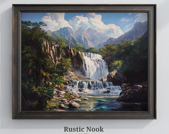 Waterfall Cascades Painting, Nature Wall Art, Scenic Mountain View, Tropical River Artwork, Vibrant Greenery, Printable Digital Download