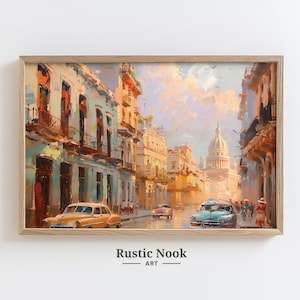 Vintage Havana Street Scene, Classic Cars Painting, Cuban Cityscape Art, Retro Travel Decor, Printable Digital Download