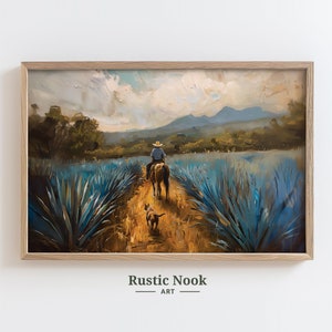 Jinete en campos de agave, campo mexicano, arte de paisaje rural, pintura de vaquero y perro, arte de pared imprimible, descarga digital