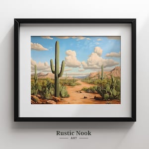 Wüstenkaktus Malerei, mexikanische Landschaft, rustikale Wandkunst, warme Erdtöne, Kaktus Druck, druckbare digitaler Download