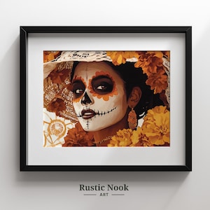 Art mural Catrina, impression Dia de los Muertos, oeuvre d&#39;art de la tradition mexicaine, décoration tête de mort en sucre, affiche du jour des morts, téléchargement numérique