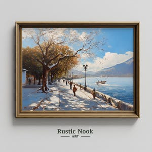 Lakeside Promenade Painting, Serene Landscape Art, Blue Sky Wall Art, Tree-lined Walkway, Digital Art Print, Instant Download