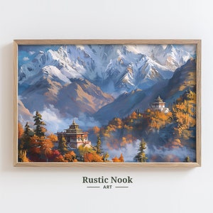 Tibetan Monastery Painting, Himalayan Mountain Landscape, Autumn Colors Art, Printable Wall Art, Serene Nature Scene, Digital Download