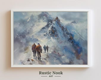 Mountain Climbing Art, Snowy Peak Painting, Adventure Wall Art, Cold Landscape Print, Wilderness Explorer, Printable Digital Download