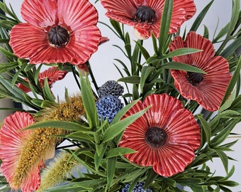 5 Stück Keramikblumen Große Mohnblüte aus Keramik an Eisenstab L. ca. 40 cm Ceramic flower