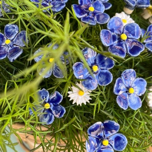Könnte beinhalten: Nahaufnahme eines Straußes blauer und weißer Keramik-Vergissmeinnicht-Blumen. Die Blumen sind in einem Korb mit grünem Laub angeordnet.
