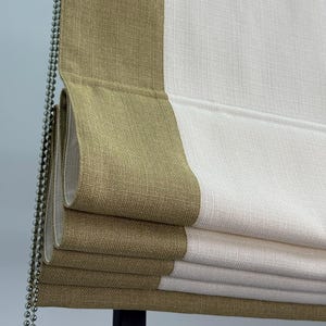 Roman Shade in Cream Linen-Look Fabric with Pastel Green Trim | Custom Neutral Window Blind