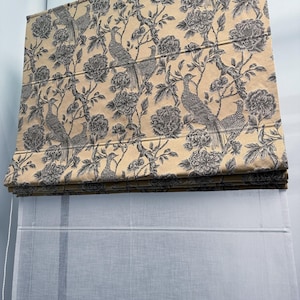 Embroidered Bronze Linen Roman Shade | Birds & Flowers Custom Window Blind | Elegant Linen Blend Roman Shades Made to Order