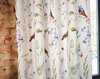 Velvet Curtain Fabric – Bird Print Botanical Velvet – Cream Matte Fabric by the Yard – Soft Velvet for Drapes and Pillows